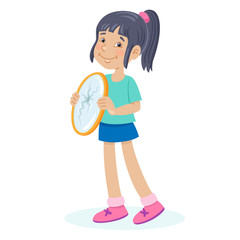 Canvas Print - Cute little girl carries a cracked mirror for recycling. Garbage removal. In cartoon style. Isolated on white background. Vector illustration.