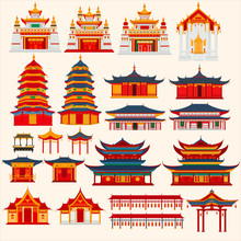 Set Of Chinese Temples, Gates And Traditional Buildings On A Light Gray Background	