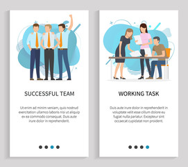 Wall Mural - Working task vector, successful team thinking on project solution, man and woman with papers and analyze information on documents happy teamwork. Website or slider app, landing page flat style