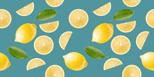 Pattern With Lemon Slices And Leaves On A Green Background
