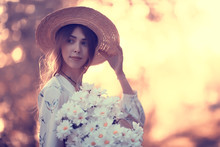 Happy Romantic Girl In A Straw Hat / Young Model In A Dress Summer Day, Happiness Woman