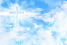 Cloudy Blue Sky With Cross And Doves Flying