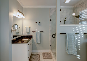 Beautiful luxury bathroom with marble and granite and stand alone glass shower.