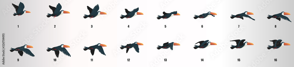 Toucan flying animation sequence, loop animation sprite sheet  - obrazy, fototapety, plakaty 