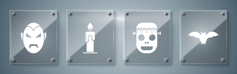 Sticker - Set Flying bat , Zombie mask , Burning candle and Vampire . Square glass panels. Vector