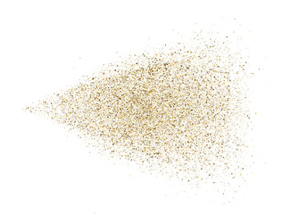 Wall Mural - gold glitter spray on white background. glowing drops in motion. golden magic star dust. light parti