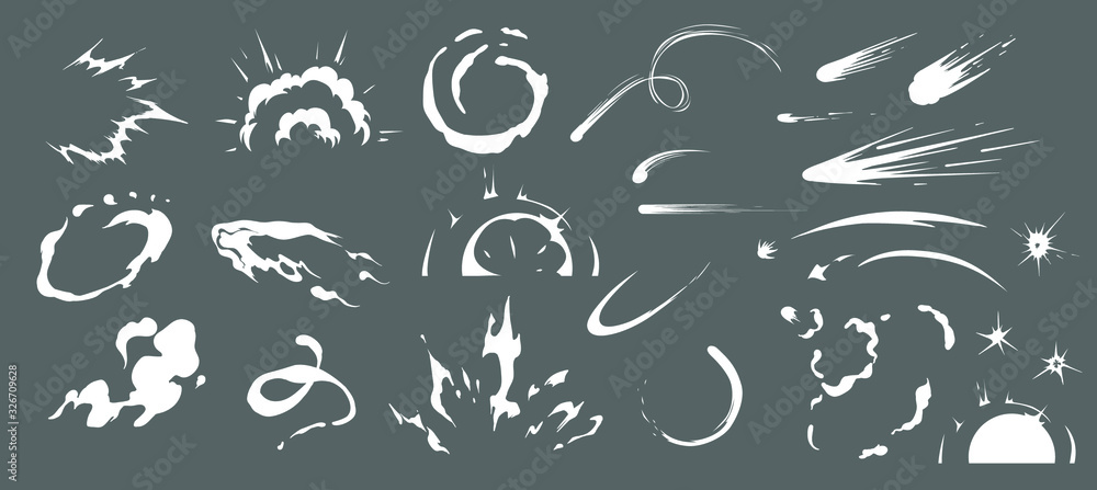 Comic energy explosion. Doodle vector smoke set special effects template. Cartoon steam clouds, puff, mist, fog, vapour, energy or dust explosion 2D VFX illustration. Print, menu and web design - obrazy, fototapety, plakaty 