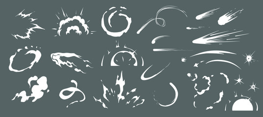 comic energy explosion. doodle vector smoke set special effects template. cartoon steam clouds, puff