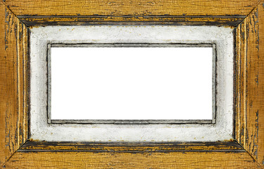 yellow Old wooden of picture frame with peeling yellow and white paints, retro, vintage, horizontal copy space in the center