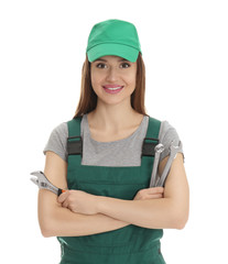 Poster - Portrait of professional auto mechanic with wrenches on white background