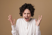 Image Of Furious Brunette Woman Screaming With Throwing Up Hands