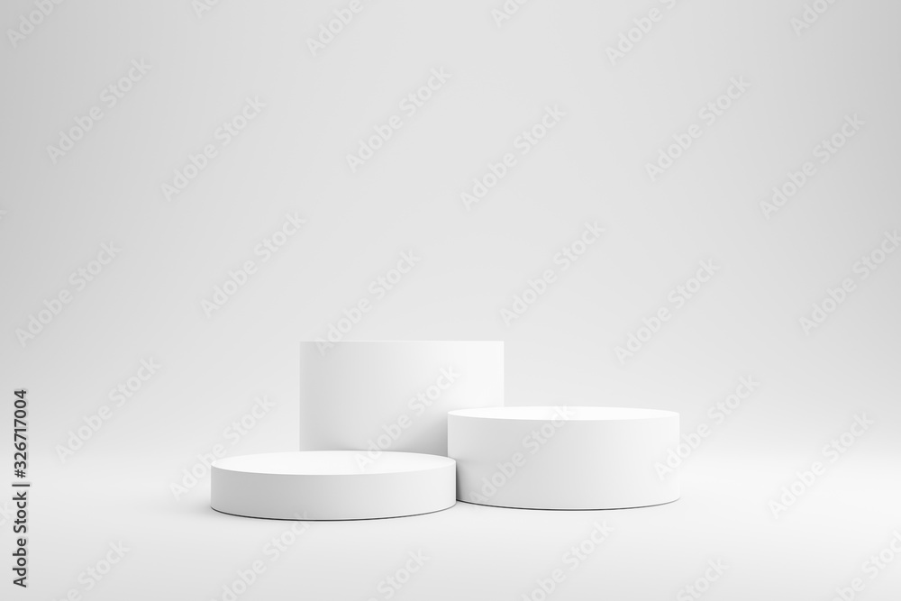 Empty podium or pedestal display on white background with cylinder stand concept. Blank product shelf standing backdrop. 3D rendering. - obrazy, fototapety, plakaty 