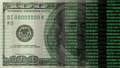 Double exposure of dollar bills and binary matrix in cryptocurrency market on green color background