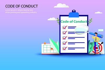 Wall Mural - Business concept of code of conduct, businessman holding a big magnifier and standing near a big list of code of conduct in pastel color background.