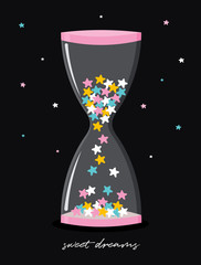 Lovely Hourglass with Pink, Blue, White and Yellow Stars Inside. Sweet Dreams. Starry Night. Sandglass Isolated on a Black Background. Funny Nursery Art ideal for Wall Art, Poster, Card. 