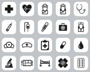 Wall Mural - Hospital Staff & Equipment Icons Black & White Flat Design Set Big