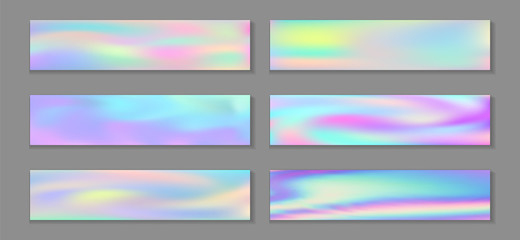 Wall Mural - Holographic surreal flyer horizontal fluid gradient unicorn backgrounds vector set. Silk 