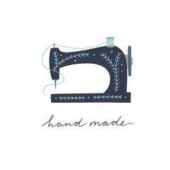 Vintage sewing machine vector illustration. Hand drawn tailor equipment on white background