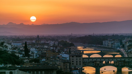 Sticker - Scenic Skyline View of Arno River timelapse, Ponte Vecchio from Piazzale Michelangelo at Sunset, Florence, Italy.