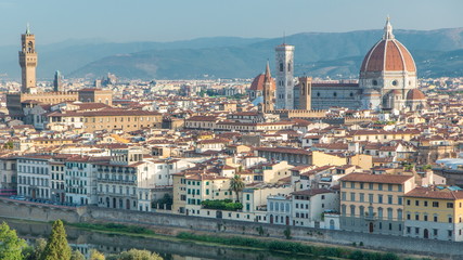 Sticker - Palazzo Vecchio timelapse on piazza della Signora and Basilica di Santa Maria del Fiore in the morning as seen from Piazzale Michelangelo. Florence, Italy.