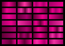 Pink Metal Gradient Set. Vector Metallic Texture. Big Collection Of Pink Metallic Gradients On Black Background