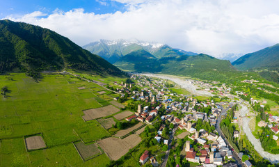 Wall Mural - Panoramic view of Svan Towers in Mestia, Svaneti region, Georgia. It is a highland townlet in the northwest of Georgia, at an elevation of 1500 meters in the Caucasus Mountains.