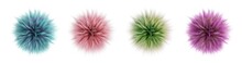 3D Set Of Fur Balls Isolated On White Background, Round Pompon Fluff Soft Ball Blue, Pink, Green And Violet. Hairy, Colorful 3D Render Illustration, Clip Art.