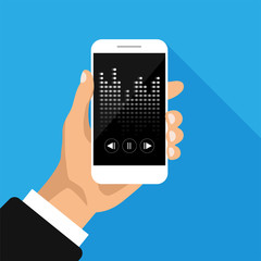 Hand holds phone with mp3 player on screen. Vector illustration.	