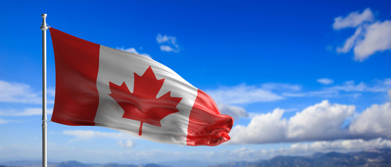 Wall Mural - Canada national flag waving on blue sky background. 3d illustration