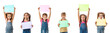 © producer - Happy cute children holding empty blank isolated on white background. kids with color placard board for your text. girls with empty sheet of paper. copy space