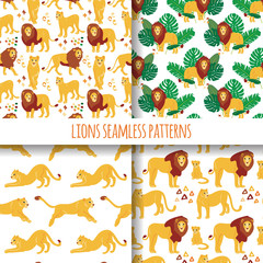 Aufkleber - Lion. Set of vector hand drawn seamless patterns. Ornament with predators. Wild cats background.
