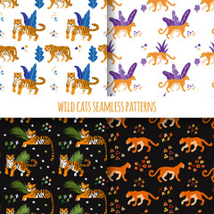 Aufkleber - Tigers and jaguars. Vector hand drawn seamless pattern. Ornament with predators. Wild cats background.