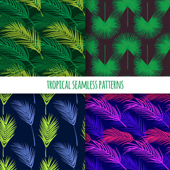 Aufkleber - Set of tropical seamless patterns. Summer exotic plants ornament. Jungle hand drawn texture. Nature illustration. Botanical background.