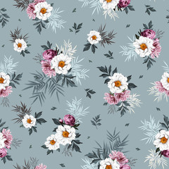 Wall Mural - Seamless elegant pattern with peonies, bamboo, branches for surface design