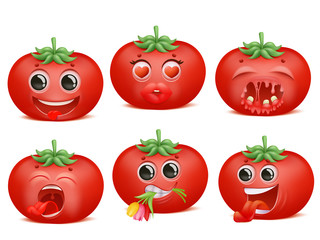 Wall Mural - Tomato emoji cartoon character set. Various emotions. Funny, love, romantic, pain