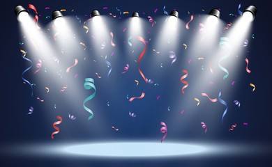 Wall Mural - white stage with spotlights. vector illustration of a light with sparkles and confetti on a transpar