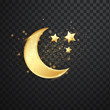 Golden reflective crescent moons with stars. Decorative vector elements for Muslim holidays. Isolated on transparent background