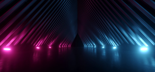 Neon Laser Cyber Triangle Shaped Purple Blue Hallway Tunnel Corridor Studio Showroom Parking Underground Garage Reflective Concrete 3D Rendering