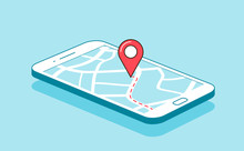 GPS Navigation Or Route With Check-in Symbol On Screen Of Mobile Phone. Vector