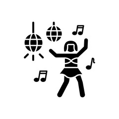 Wall Mural - Go go dancer black glyph icon. Trendy night club recreation, rave party silhouette symbol on white space. Energizing dancer, young clubber dancing on nightclub stage vector isolated illustration