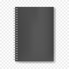 Wall Mural - Realistic black notebook on spiral binder mockup on transparent background, copybook blank cover. Clear dark A4 notepad or sketchbook front page with shadow