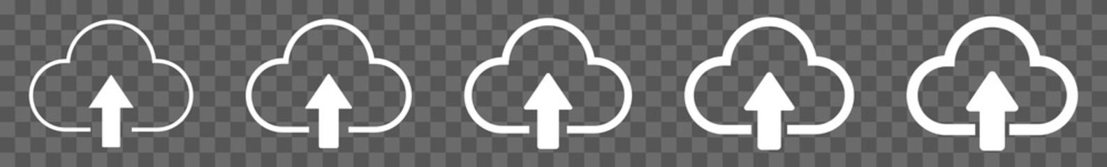 Wall Mural - Cloud Upload Icon White Line | Clouds Arrow Up Illustration | Computing Storage Symbol |  Server Data Internet Logo | IT Service Sign | Isolated | Variations