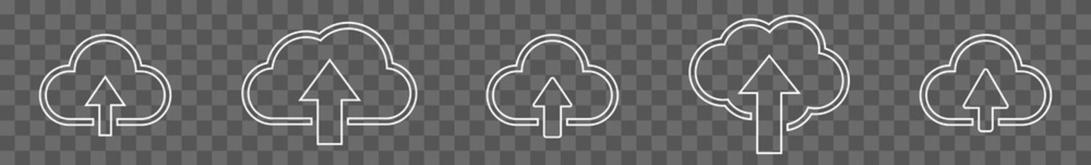 Wall Mural - Cloud Upload Icon White Line | Clouds Arrow Up Illustration | Computing Storage Symbol |  Server Data Internet Logo | IT Service Sign | Isolated | Variations
