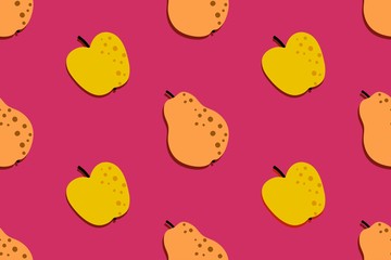 Wall Mural - Apple and pear fruit pattern. Seamless autumn background. Bright kitchen, home decor or healthy eating design. Cartoon flat design. Vector