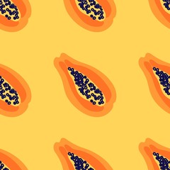 Wall Mural - Papaya fruit pattern. Seamless summer tropical background. Bright kitchen, home decor or healthy eating design. Cartoon flat design. Vector