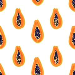 Wall Mural - Papaya fruit pattern. Seamless summer tropical background. Bright kitchen, home decor or healthy eating design. Cartoon flat design. Vector