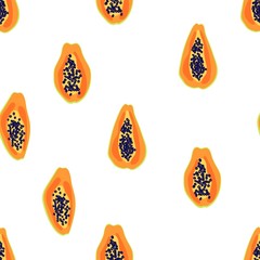Wall Mural - Papaya fruit pattern. Seamless summer tropical background. Bright kitchen, home decor or healthy eating design. Cartoon flat design. Vector