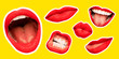 Collage in magazine style with female lips on bright yellow background. Smiling, mouthes screaming, scratching, different emotions. Modern design, creative artwork, style, human emotions concept.