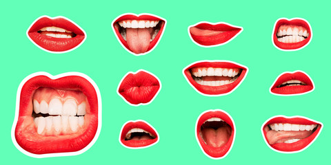 Collage in magazine style with female lips on bright mint background. Smiling, mouthes screaming, scratching, different emotions. Modern design, creative artwork, style, human emotions concept.