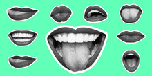 Collage In Magazine Style With Female Lips On Bright Mint Background. Smiling, Mouthes Screaming, Scratching, Different Emotions. Modern Design, Creative Artwork, Style, Human Emotions Concept.